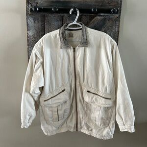 Men's Vintage Full Zipper Jacket w/Faux Leather Collar & Shoulder Pads Cream